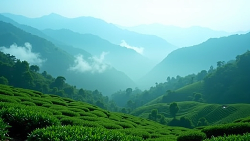 Morning mist over Cameron Highlands tea plantations with mountains in soft focus