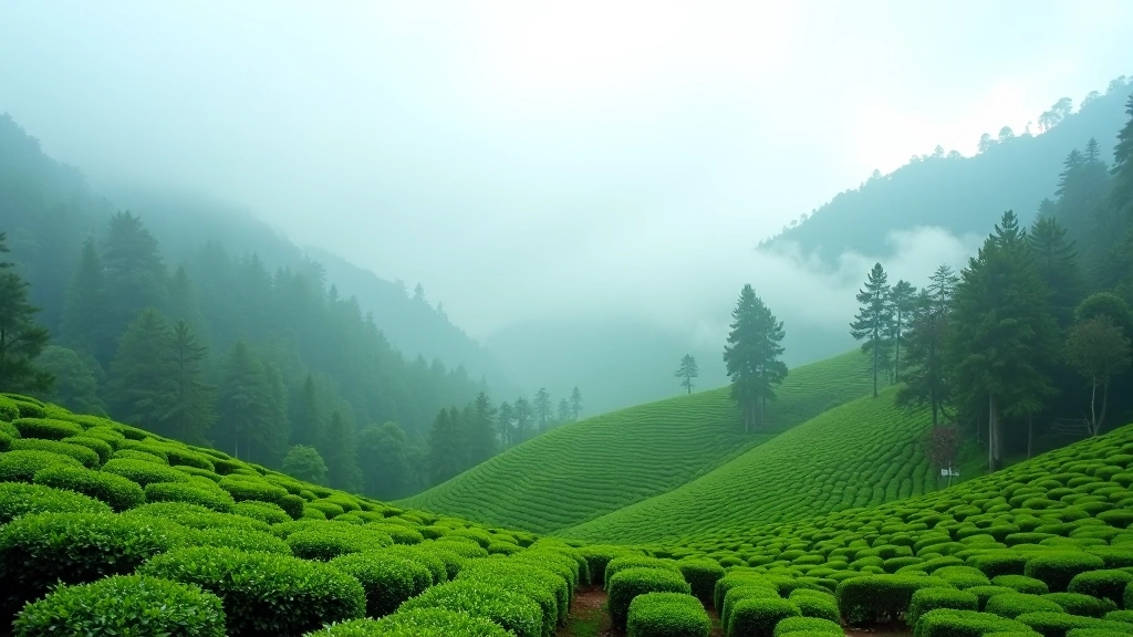 Serene misty landscape of Cameron Highlands with tea plantations and mountain views