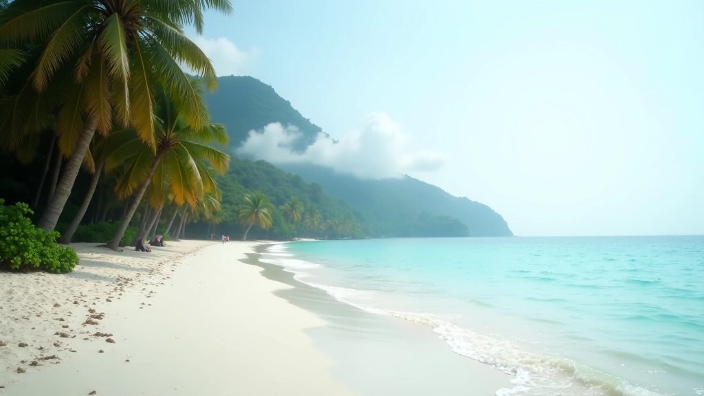 Langkawi beach with white sand and palm trees in early morning light, peaceful and quiet atmosphere suitable for meditation