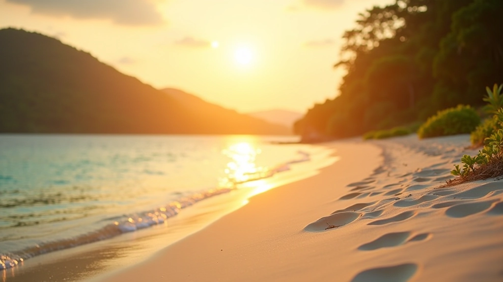 Langkawi beach at golden hour sunset with warm light casting long shadows on sand, peaceful water view