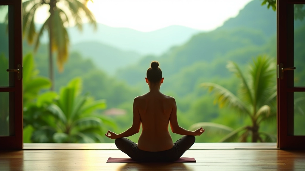 Tranquil meditation space with tropical Malaysian views and natural lighting
