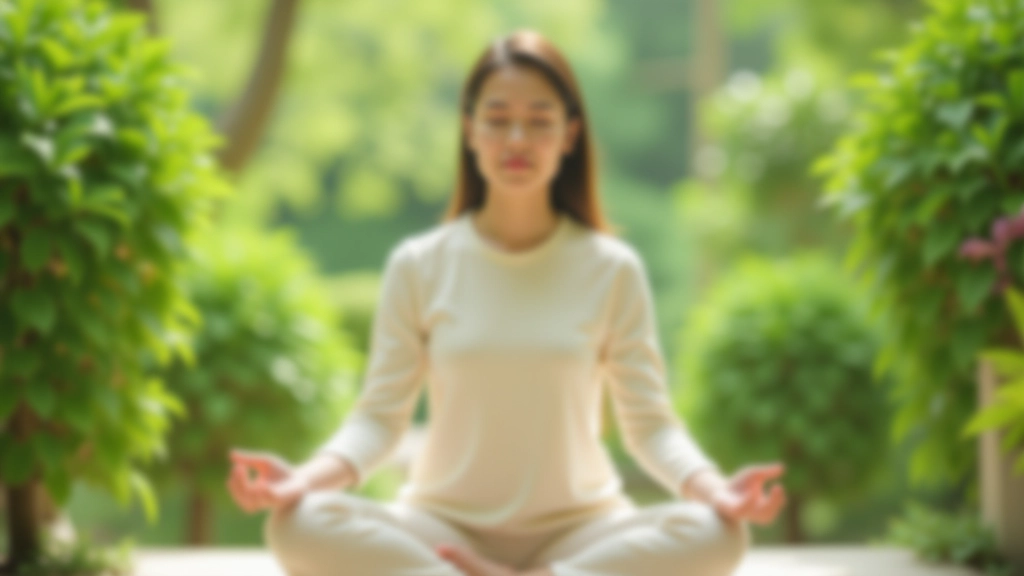 Hands resting on knees during meditation pose with peaceful expression and natural garden background