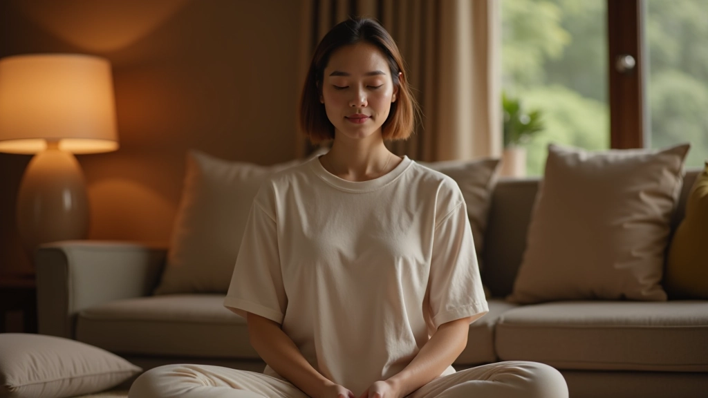 Person practicing progressive muscle relaxation technique in comfortable home setting with soft cushions and warm lighting