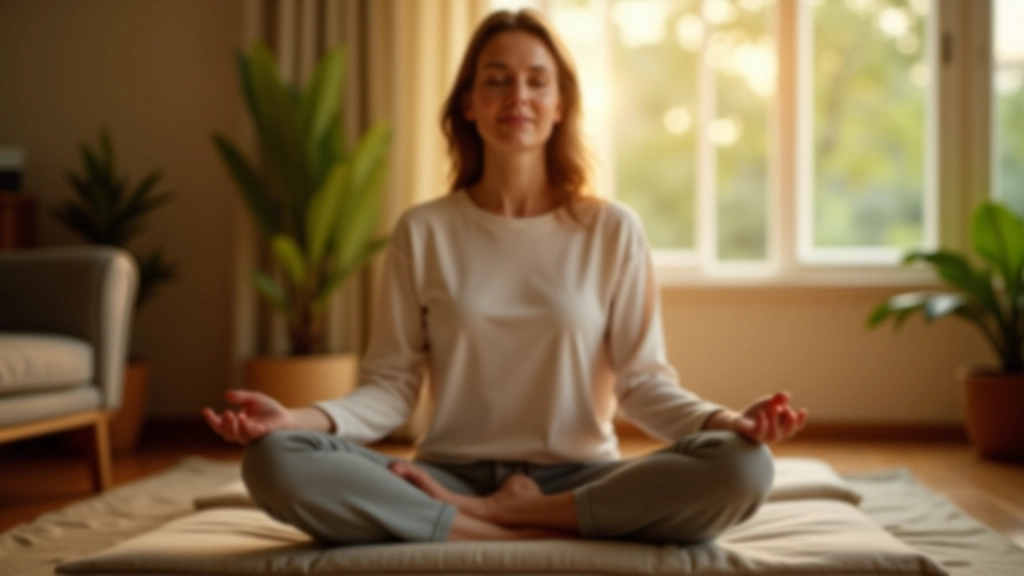 Person sitting in comfortable cross-legged position during progressive muscle relaxation session in calm bedroom environment