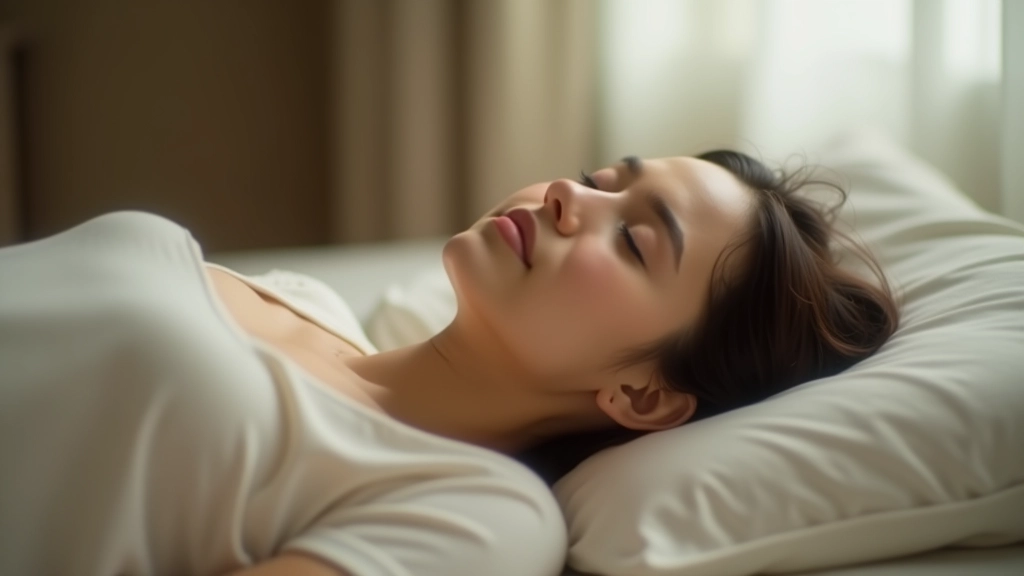 Woman in peaceful state during progressive muscle relaxation practice, eyes closed, in serene meditation space